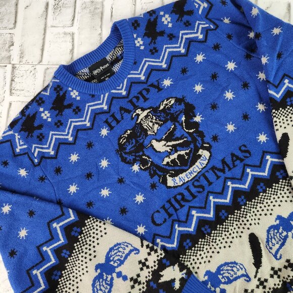 Harry Potter Ravenclaw Happy Christmas Adult Size Medium Blue Black Ugly Sweater - Picture 3 of 8
